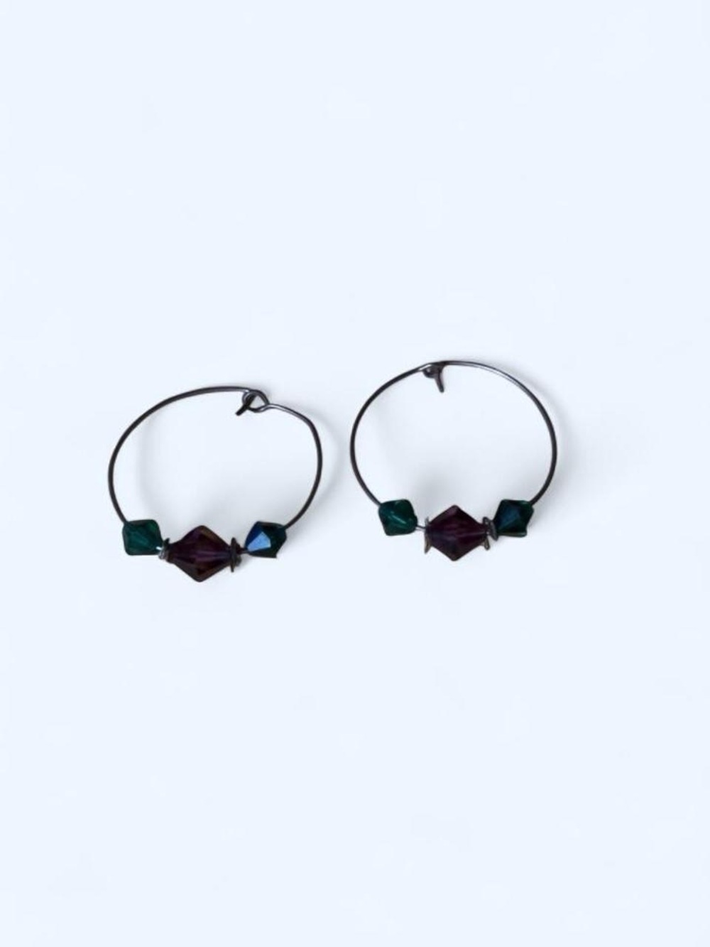 Handcrafted Dark Teal and Deep Purple Bead Hoop Earrings
